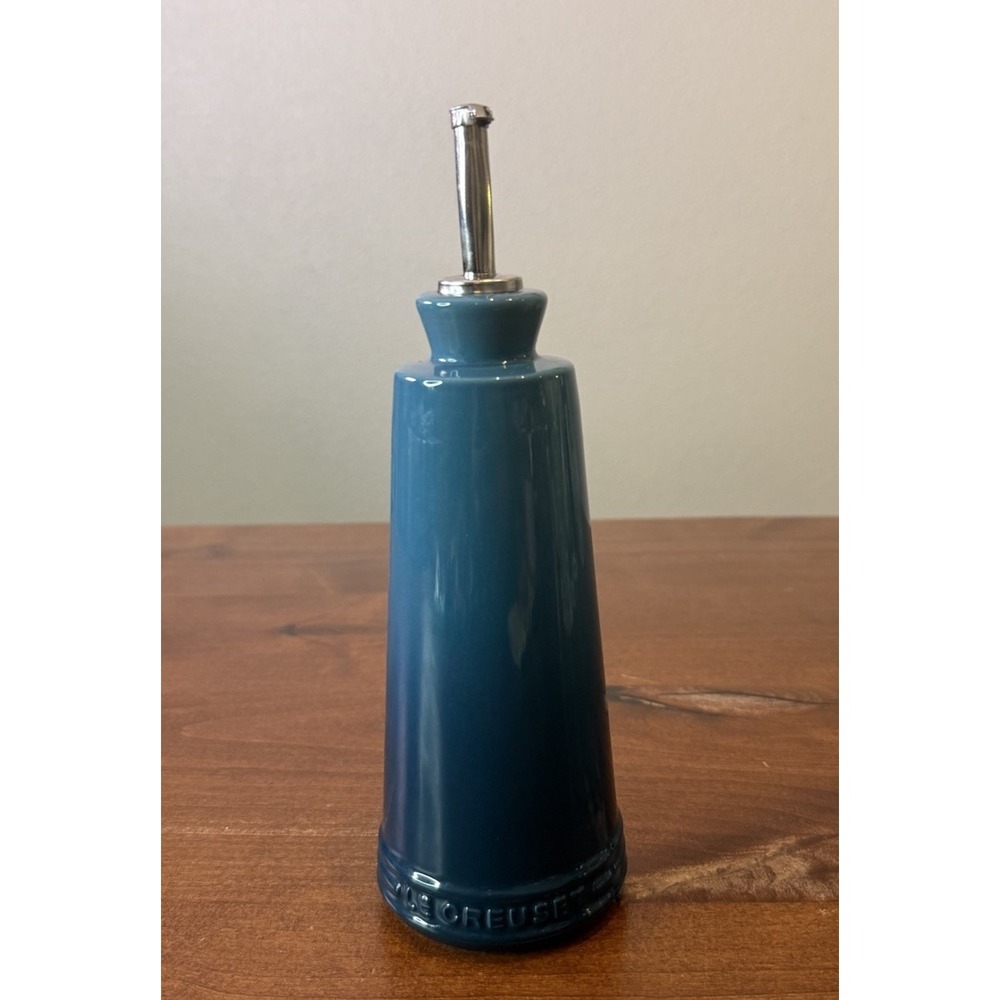 Rare Signature Le Creuset Stoneware Teal Blue Oil Cruet 10oz 300ml Container